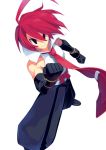  1boy adell_(disgaea) ahoge black_gloves black_pants blue_eyes disgaea elbow_gloves gloves makai_senki_disgaea_2 male_focus necktie pants purple_background red_hair scar shirt simple_background sleeveless sleeveless_shirt solo white_background zuku_p 