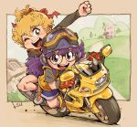  2girls blonde_hair character_request clenched_hand dr._slump ducati ducati_st2 glasses gloves goggles goggles_on_headwear grey_eyes ground_vehicle helmet kiichi long_hair motor_vehicle motorcycle motorcycle_helmet multiple_girls norimaki_arale one_eye_closed purple_hair red_gloves tied_hair 