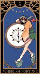  1girl brown_hair card_(medium) compass green_hakama hakama hakama_skirt headband highres hiryuu_(kantai_collection) japanese_clothes kantai_collection open_mouth rirashi sandals short_hair solo torn_headband wheel_of_fortune_(tarot_card) wide_sleeves 