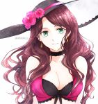  1girl breasts brown_hair cleavage closed_mouth dorothea_arnault earrings fire_emblem fire_emblem:_three_houses fire_emblem_heroes flower green_eyes hat hat_flower highres jewelry large_breasts long_hair shirokuroma_29 smile solo swimsuit twitter_username upper_body 