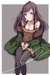  1girl bare_shoulders black_legwear breasts brown_hair cleavage coat fingers_together highres idolmaster idolmaster_shiny_colors jewelry kakuzatou_(cubesugar03196) large_breasts long_hair off-shoulder_sweater off_shoulder pantyhose pendant sitting smile solo sweater tsukioka_kogane 