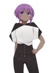  1girl bangs black_pants blush closed_mouth dark_skin eyebrows_visible_through_hair fate/prototype fate/prototype:_fragments_of_blue_and_silver fate_(series) hair_between_eyes hand_on_hip hassan_of_serenity_(fate) highres i.u.y looking_at_viewer pants purple_eyes purple_hair shirt short_sleeves sidelocks simple_background smile solo standing white_background white_shirt wide_sleeves 