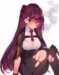  1girl bangs blush braid breasts cleavage eyebrows_visible_through_hair french_braid girls_frontline gloves hair_ribbon highres large_breasts long_hair necktie one_side_up open_mouth pantyhose purple_hair red_eyes red_neckwear ribbon simple_background sitting smoke solo soukou_makura sweat torn_clothes torn_legwear torn_necktie wa2000_(girls_frontline) white_background 