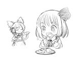  &gt;:) 2girls :d apron bangs blush closed_eyes closed_mouth collared_shirt cropped_torso dress earmuffs eating eyebrows_visible_through_hair fang food frilled_apron frills greyscale hair_ears hair_ribbon holding holding_food long_sleeves monochrome multiple_girls nibi open_mouth plate ribbon rumia shirt simple_background sleeveless sleeveless_dress smile spatula touhou toyosatomimi_no_miko upper_body upper_teeth v-shaped_eyebrows white_background 