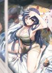  1girl absurdres armpits bangs bare_legs bare_shoulders barefoot blue_hair blunt_bangs breasts cleavage collarbone commentary_request futon highres idolmaster idolmaster_million_live! kitakami_reika large_breasts long_hair looking_up messy_room midriff moment_(moment_607) navel one_eye_closed open_mouth short_shorts shorts sitting solo spaghetti_strap tank_top trash very_long_hair wariza yellow_eyes 