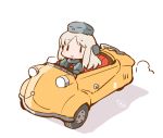  1girl blonde_hair car chibi driving eyebrows_visible_through_hair garrison_cap ground_vehicle hanomido hat kantai_collection long_hair long_sleeves looking_at_viewer motor_vehicle puffy_long_sleeves puffy_sleeves simple_background smile solo u-511_(kantai_collection) white_background 