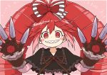  1girl antenna_hair black_bow blush_stickers bow capelet claws doll_joints drill_hair frills grin hair_bow hands_up highres joints long_hair looking_at_viewer micha_jawkan oninamako pink_background pink_shirt red_bow red_eyes red_hair ringed_eyes senki_zesshou_symphogear sharp_teeth shirt simple_background smile solo striped striped_bow teeth twin_drills upper_body wrist_cuffs 