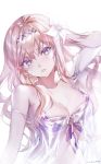  1girl bare_shoulders bikini blonde_hair breasts collarbone eyebrows_visible_through_hair eyes_visible_through_hair flower granblue_fantasy hair_between_eyes hair_flower hair_ornament hairband highres jeanne_d&#039;arc_(granblue_fantasy) large_breasts long_hair michudx purple_eyes signature solo swimsuit white_flower 