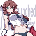 1girl 547th_sy anchor_symbol background_text bangs bikini bikini_bottom blue_neckwear blue_sailor_collar blush braid breasts brown_hair character_name closed_mouth dated eyebrows_visible_through_hair gloves green_eyes hair_between_eyes highres kantai_collection large_breasts long_hair midriff navel necktie noshiro_(kantai_collection) sailor_collar sleeveless solo swimsuit twin_braids white_background white_gloves 