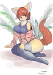  2018 absurd_res anthro black_nose breasts canid clothing female fur hair hi_res legwear looking_aside mammal red_hair smile solo stockings tan_body tan_fur thick_thighs wanko0487 