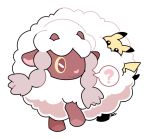  ? artsy-rc gen_1_pokemon gen_8_pokemon highres no_humans pikachu pokemon pokemon_(creature) signature simple_background spoken_question_mark symbol_commentary white_background wooloo 