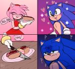  &lt;3 2020 ? amy_rose anthro blue_body blue_fur bodily_fluids cake chili_dog clothing cutting dialogue disappointed dress drooling duo english_text eulipotyphlan eyes_closed female food fur gloves green_eyes half-closed_eyes handwear happy hedgehog hi_res knife male mammal meme narrowed_eyes nayci16 open_mouth open_smile pink_body pink_fur plate red_clothing red_dress saliva smile sonic_the_hedgehog sonic_the_hedgehog_(series) speech_bubble text these_are_all_cakes 