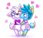  &lt;3 anthro black_nose blue_body blue_eyes blue_fur canid canine chibi clothed clothing diaper duo embrace eyewear fox fur furgonomics glasses hand_holding mammal pink_nose rexam-1 shirt simple_background smile standing topwear white_background white_body white_fur young 