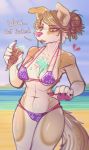  2020 absurd_res anthro beach belly bikini border_collie breasts brown_body brown_fur brown_hair canid canine canis claws clothing collie dessert dimmi_(character) dimwitdog domestic_dog english_text female floppy_ears food fur green_eyes hair herding_dog hi_res ice_cream ice_cream_cone mammal pastoral_dog pawpads pink_nose profanity seaside sheepdog solo spots swimwear text tied_hair white_belly 