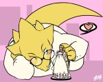  &lt;3 alphys anthro blush buckteeth clothing coat dress eyewear female figurine glasses glasses_askew hair human lab_coat looking_at_object lying mammal on_front on_ground one_eye_closed powderpink reptile sailor_moon_(series) scales scalie solo speech_bubble teeth thick_tail topwear undertale usagi_tsukino video_games yellow_body yellow_scales 