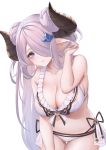  1girl arm_up bare_arms bare_shoulders bikini black_ribbon blue_eyes blush braid breasts closed_mouth collarbone commentary_request cowboy_shot draph frilled_bikini frills granblue_fantasy hair_ornament hair_over_one_eye highres horns large_breasts lock long_hair looking_at_viewer narmaya_(granblue_fantasy) padlock pointy_ears purple_hair ribbon side-tie_bikini simple_background smile solo swimsuit thigh_gap very_long_hair white_background white_bikini ym_(distance819) 