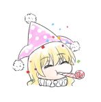  1girl ^_^ bangs blonde_hair blush closed_eyes clownpiece commentary_request confetti eyebrows_visible_through_hair hair_between_eyes hat jester_cap long_hair mouth_hold neck_ruff nibi party_whistle pink_headwear polka_dot_headwear portrait simple_background solo touhou white_background 