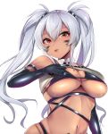  1girl :p absurdres alabama_(azur_lane) azur_lane bandeau bandeau_lift bangs bikini black_bikini black_gloves breasts commentary elbow_gloves facial_mark gloves hair_between_eyes highres large_breasts lifted_by_self long_hair looking_at_viewer midriff navel red_eyes sendou_hachi silver_hair simple_background skindentation solo stomach swimsuit tongue tongue_out twintails upper_body whisker_markings white_background 