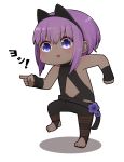  1girl :3 :d bangs bare_shoulders black_bodysuit blush bodysuit chibi dark_skin eyebrows_visible_through_hair fate/prototype fate/prototype:_fragments_of_blue_and_silver fate_(series) full_body futaba_channel genba_neko hair_between_eyes hassan_of_serenity_(fate) highres i.u.y no_shoes open_mouth pointing purple_eyes purple_hair shadow sidelocks smile solo standing standing_on_one_leg stirrup_legwear toeless_legwear translation_request white_background 
