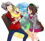  1boy 1girl backpack bag bangs beanie brown_eyes brown_hair cardigan closed_eyes commentary_request denim dress gen_8_pokemon green_headwear green_legwear grey_cardigan hat holding holding_poke_ball jeans masaru_(pokemon) mikami open_mouth pants pink_dress poke_ball poke_ball_(basic) pokemon pokemon_(creature) pokemon_(game) pokemon_swsh red_shirt shirt short_hair sleeves_rolled_up smile socks tam_o&#039;_shanter yamper yuuri_(pokemon) 