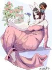  2019 absurd_res anthro barefoot black_hair black_nose breasts canid female flower hair hi_res holding_flower holding_object mammal nipple_outline plant red_eyes solo wanko0487 white_body 