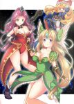  3girls :d angela_(seiken_densetsu_3) blonde_hair blue_eyes blue_tabard blush breasts brown_gloves charlotte_(seiken_densetsu_3) commentary_request dress fingerless_gloves gloves green_armor green_dress grey_eyes hat holding holding_staff large_breasts leotard long_hair looking_at_viewer mini_hat multiple_girls open_mouth pauldrons purple_hair red_headwear red_leotard riesz seiken_densetsu seiken_densetsu_3 shoulder_armor smile staff strapless strapless_dress tomaton very_long_hair winged_hat 