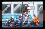  1boy 1girl bag bare_arms bare_legs baseball_cap battle_subway black_vest blitzle blue_eyes blush brown_eyes brown_hair closed_mouth commentary_request cutoffs denim denim_shorts exposed_pocket from_side full_body gen_5_pokemon ground_vehicle hand_grip hat high_ponytail highres indoors iroidori4422 jacket long_hair long_sleeves looking_at_another one_eye_closed open_mouth pants pignite pokemon pokemon_(game) pokemon_bw pulled_by_another pulling seat shirt shoes short_hair short_shorts shorts shoulder_bag sidelocks sleeveless sleeveless_shirt smile subway touko_(pokemon) touya_(pokemon) train_interior vest walking white_shirt window wristband 
