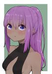  1girl alternate_hair_length alternate_hairstyle bangs bare_shoulders black_bodysuit blush bodysuit breasts collarbone covered_collarbone dark_skin eyebrows_visible_through_hair fate/prototype fate/prototype:_fragments_of_blue_and_silver fate_(series) green_background hair_between_eyes hassan_of_serenity_(fate) highres i.u.y long_hair looking_at_viewer parted_lips ponytail purple_eyes purple_hair sidelocks small_breasts solo two-tone_background white_background 