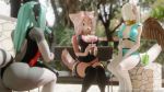  16:9 3d_(artwork) anthro ashnar breasts cleavage clothed clothing digital_media_(artwork) feathered_wings feathers felid female fur green_hair group hair mammal mythological_sphinx mythology opal_(ashnar) pink_body pink_fur procyonid raccoon rose_(ashnar) sasha_(ashnar) white_body white_fur widescreen wings 