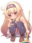  1girl bandaid bandaid_on_clothes bandaid_on_knee blonde_hair bloomers boots full_body hairband kupuru_(hirumamiyuu) little_witch_nobeta long_hair no_hat no_headwear nobeta red_eyes squatting staff tears underwear 