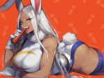  1girl :d animal_ears ass bangs bare_shoulders blue_legwear boku_no_hero_academia breasts bunny_ears bunny_girl bunny_tail carrot dark_skin gloves highres long_hair looking_at_viewer lying mirko on_stomach open_mouth parted_bangs red_eyes smile solo suurin_(ksyaro) tail teeth thighhighs tongue tongue_out white_gloves 