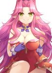  1girl angela_(seiken_densetsu_3) bangs bare_shoulders blush breasts choker cleavage commentary_request earrings eyebrows_visible_through_hair gloves hand_on_hip highres jewelry kuro_(be_ok) large_breasts leotard leotard_pull long_hair looking_at_viewer parted_bangs pointy_ears purple_choker purple_gloves purple_hair red_leotard seiken_densetsu seiken_densetsu_3 sidelocks smile solo very_long_hair waist_cape wavy_hair white_background yellow_eyes 