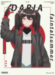  1girl absurdres album_cover barcode_print black_hair cover fana frills gloves highres jacket red_eyes twintails 