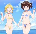  2girls absurdres ahoge bikini blonde_hair blue_eyes blue_sky brown_hair charlotte_izoard cloud collarbone commentary_request cowboy_shot day double_bun flat_chest hair_rings highres hinatsuru_ai holding_hands horizon long_hair looking_at_viewer low_twintails multiple_girls ocean open_mouth outdoors poa_mellhen ryuuou_no_oshigoto! short_hair side-tie_bikini sky standing swimsuit twintails v yuri 