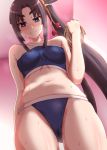 &gt;:) 1girl ass_visible_through_thighs bangs bare_arms bare_shoulders bikini blue_bikini blue_eyes blush breasts bright_pupils closed_mouth collarbone commentary_request eyebrows_visible_through_hair fate/grand_order fate_(series) from_below hair_ornament holding holding_rope ikue_fuuji long_hair looking_at_viewer looking_down navel parted_bangs ponytail rope sidelocks single_strap small_breasts solo stained_clothes stomach sweat swimsuit thick_eyebrows thighs ushiwakamaru_(fate/grand_order) ushiwakamaru_(swimsuit_assassin)_(fate) v-shaped_eyebrows very_long_hair 