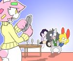  amai_puwai_(character) anthro cain_(neko3240) clothing domestic_cat dumbun felid feline felis group gun hi_res hoodie humanoid lagomorph leporid male mammal microphone neko3240 pizza_rabbit_(rabblet) quse rabbit ranged_weapon scared topwear weapon 