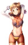  1girl armpits arms_behind_head arms_up bangs breasts brown_bodysuit brown_eyes brown_hair closed_mouth commentary_request covered_navel elbow_gloves eyebrows_visible_through_hair gloves hair_ornament hairclip highres looking_at_viewer mad_(hazukiken) medium_breasts navel see-through senki_zesshou_symphogear simple_background smile solo standing tachibana_hibiki_(symphogear) white_background white_gloves 