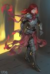  1girl absurdres armor artist_name breastplate brick_floor commentary commission english_commentary full_body gauntlets greaves highres less long_hair looking_at_viewer orange_eyes original pants parted_lips pauldrons plate_armor red_hair red_scarf scarf shoulder_armor smile solo waist_cape walking 