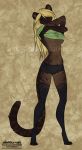  2020 alishka anthro black_nose blonde_hair breasts brown_body brown_fur clothed clothing clothing_lift countershade_legs countershade_torso countershading digital_media_(artwork) felid female fur green_clothing green_shirt green_topwear hair hi_res inner_ear_fluff leopard_spots long_hair mammal melanistic midriff navel pantherine rosettes shirt shirt_lift solo spots spotted_body spotted_fur striped_body striped_fur striped_tail stripes topwear tuft 