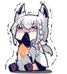  &gt;_&lt; 1girl :3 animal_ears between_legs braid chibi detached_sleeves fox_ears fox_girl fox_tail hololive long_hair lowres shirakami_fubuki shirakami_fubuki_(artist) shirt short_shorts shorts simple_background single_braid sitting solo tail tail_between_legs tail_in_mouth tearing_up trembling white_background white_hair white_shirt 
