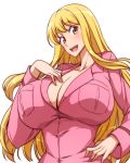  1girl :d akimoto_katherine_reiko bangs blonde_hair blush breasts cleavage dress_shirt hand_on_hip huge_breasts jumpsuit kochikame long_hair long_sleeves looking_at_viewer open_mouth pink_shirt runaru shirt sidelocks smile solo upper_body very_long_hair yellow_eyes 