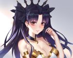  1girl absurdres armlet bangs black_bow black_choker black_hair bow breasts choker cleavage earrings eyebrows_visible_through_hair fate/grand_order fate_(series) hair_bow hand_up highres hoop_earrings ishtar_(fate)_(all) ishtar_(fate/grand_order) jewelry large_breasts long_hair looking_at_viewer parted_lips red_eyes solo strapless two_side_up upper_body watts99 
