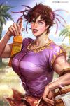  1boy alcohol blue_eyes bottle breast_padding brown_hair cdash817 crossdressing earrings hand_on_hip highres jewelry jojo_no_kimyou_na_bouken joseph_joestar joseph_joestar_(young) makeup male_focus palm_tree sleeveless smile solo tongue tongue_out tree younger 