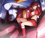  1girl blush breasts breath cleavage crop_top fur_trim groin gundam gundam_00 hair_between_eyes hat large_breasts long_hair looking_at_viewer mecha midriff navel nena_trinity parted_lips pleated_skirt red_hair red_skirt runaru santa_hat sitting skirt smile solo two_side_up yellow_eyes 