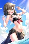  1girl ;d ahoge bangs bare_arms bare_shoulders bikini black_bikini black_hair blue_eyes blue_sky braid breasts cleavage cloud collarbone commentary_request day dutch_angle eyebrows_visible_through_hair front-tie_bikini front-tie_top groin hair_between_eyes hair_flaps hair_ornament hair_over_shoulder hands_up highres kantai_collection long_hair medium_breasts navel one_eye_closed open_mouth outdoors remodel_(kantai_collection) rukinya_(nyanko_mogumogu) sarong shigure_(kantai_collection) signature single_braid sky smile solo standing swimsuit water water_drop 