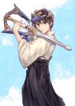  1boy blue_eyes bougu brown_hair clenched_hands fighting_stance highres holding holding_sword holding_weapon looking_at_viewer madan_senshi_ryukendo narukami_kenji nky03 solo sword tokusatsu v-shaped_eyebrows weapon 