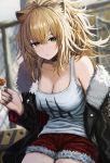  1girl animal_ears arknights bangs bare_shoulders black_choker black_jacket blonde_hair blurry blurry_background breasts brown_eyes candy choker cleavage commentary food fur-trimmed_jacket fur-trimmed_shorts fur_trim hair_between_eyes holding holding_food jacket large_breasts lion_ears lollipop long_hair long_sleeves looking_at_viewer nail_polish off_shoulder open_clothes open_jacket red_shorts s.u._(simpleu818) shorts siege_(arknights) solo tank_top white_tank_top 