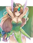  1girl armpits arms_behind_head blonde_hair bow breasts cleavage commentary_request dress forehead_jewel frilled_dress frills ginji74 green_bow green_dress hair_bow helmet highres large_breasts light_smile long_hair looking_at_viewer low-tied_long_hair pauldrons purple_eyes riesz seiken_densetsu seiken_densetsu_3 short_dress shoulder_armor solo strapless strapless_dress very_long_hair winged_helmet 