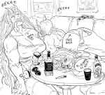  3girls alcohol ass bb_(baalbuddy) beer_can bob_marley body_writing breasts can cleavage closed_eyes commentary couch crushed_can drooling drunk english_commentary greyscale highres horns jack_daniel&#039;s large_breasts long_hair marker monochrome multiple_girls oni oni_horns original pizza_slice poster_(object) profanity sitting sleeping sleeping_upright topless 