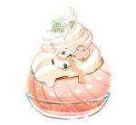  artist_name bird bowl chai commentary_request food fruit hat highres ice_cream mint no_humans original peach penguin scarf simple_background sitting_on_food whipped_cream white_background 